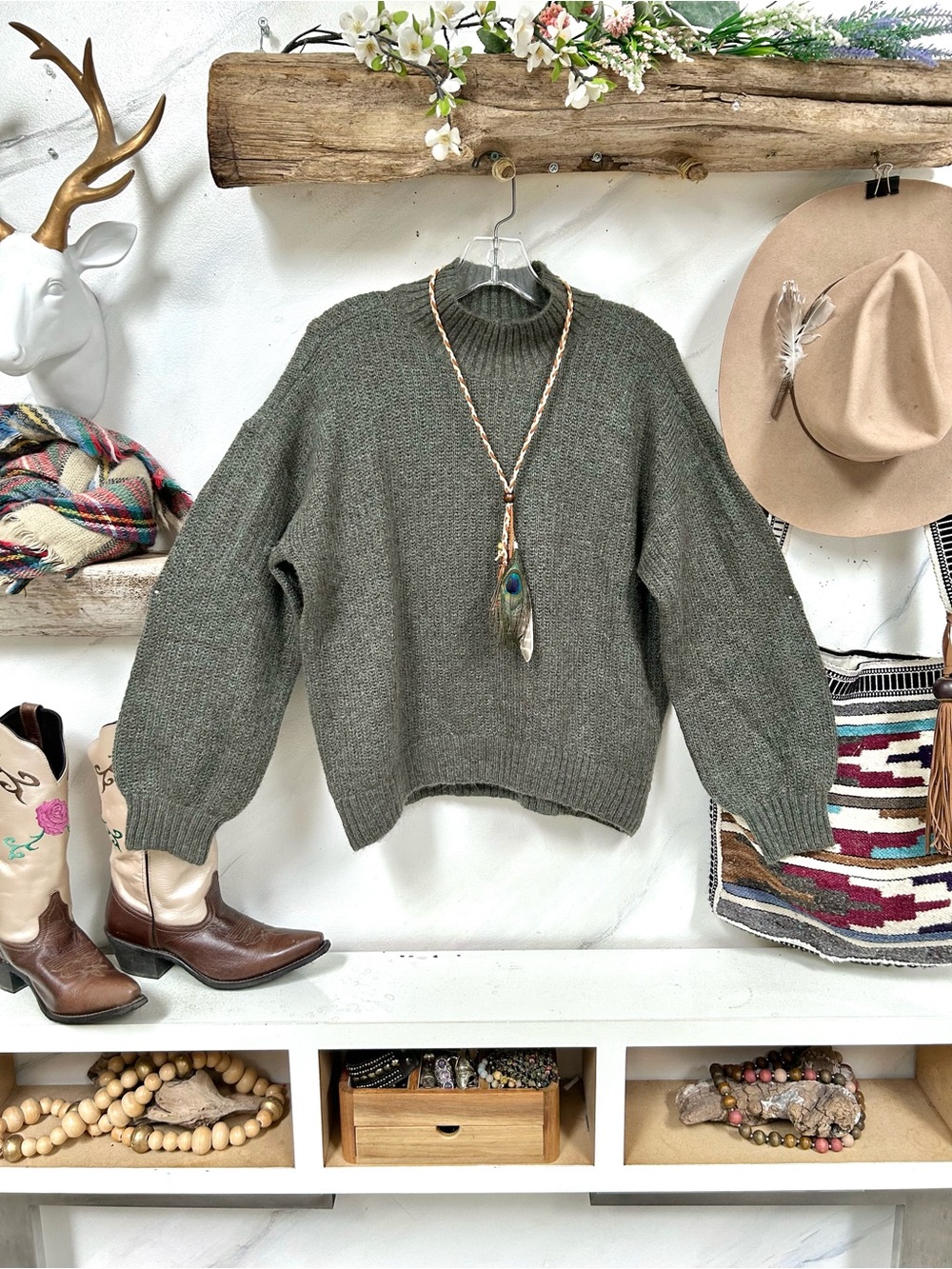 Olive wool blend Knit mock neck boho Sweater w cottagecore prairie Country vibe